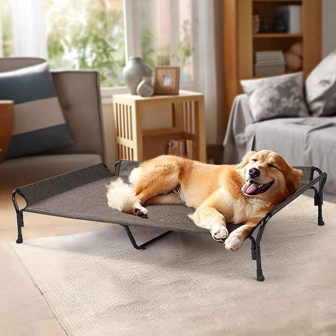 Veehoo Cooling Elevated Dog Bed, Guardrail Raised Pet Cot, Indoor & Outdoor XXL Pet Bed with Washable & Breathable Teslin Mesh, Non-Slip Feet, Dog Couch Bed, 62.5" x 37", Brown