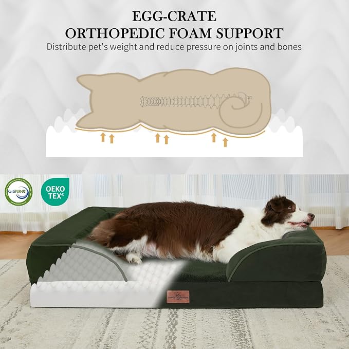 Comfort Expression Orthopedic Dog Bed for Extra Large Dogs 45x35 Inch, Waterproof Egg Crate Foam XL Pet Bed with Removable Bolsters, Dog Couch with Washable Cover & Non-Slip Bottom, Olive Green