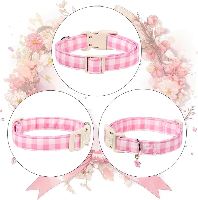 Girl Dog Collar Pink Gingham Dog Collars for Large Dogs - Lightweight Adjustable Spring/Summer Plaid Male Female Dogs Everyday Collar with Safety Buckle L