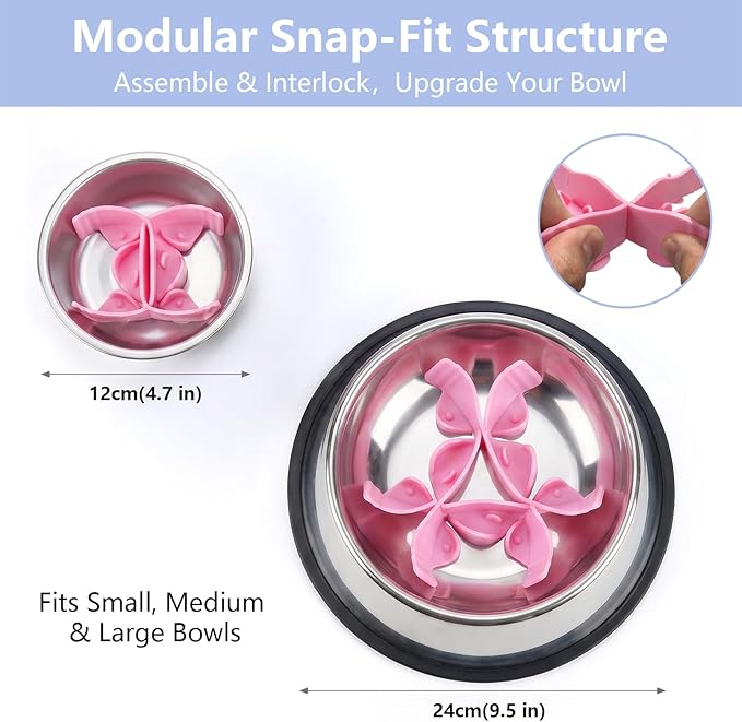 Silicone Dog Slow Feeder Bowl Insert with Suction Cups, Cuttable Food-Grade Lick Mat Divider Fits Stainless Steel Ceramic Glass Dog Bowls, Helps Slow Down Eating, Pink
