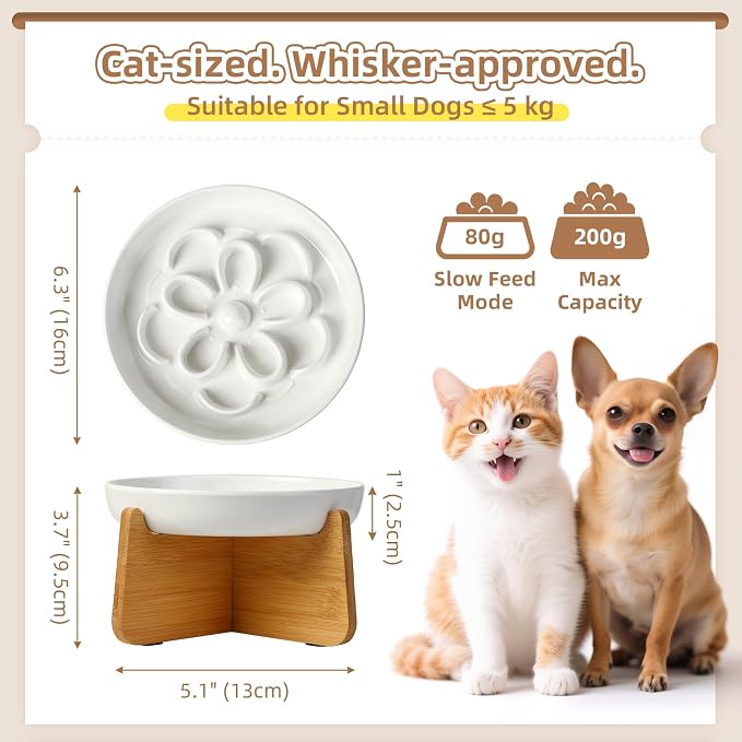 PTOBER Elevated Slow Feeder Cat Bowl - Melamine Cat Dish with Anti-Slip Bamboo Stand - Whisker Friendly Feeding Bowl - Floral Maze Food Plate for Slow Eating - White