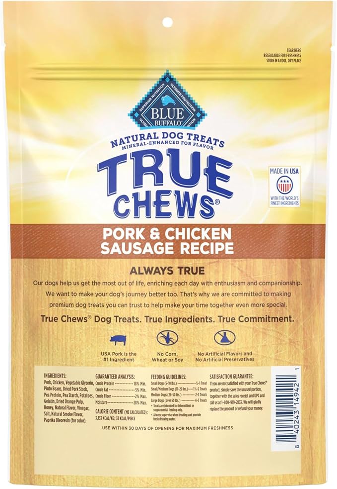 Blue Buffalo True Chews Dog Treats, Made in the USA with Natural Ingredients, Pork and Chicken Sausage Recipe, 14-oz Bag, (Pack of 6)