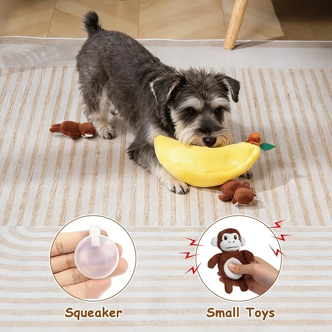 Hollypet Squeaky Dog Toy, Interactive Plush Hide and Seek Dog Toys for Small Medium Sized Dogs and Non-Aggressive Chewers, Puppy Teeth Clean Chew Toys, Banana and Monkeys