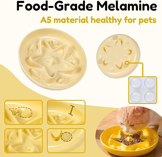 2 Pcs Cat Slow Feeder Bowl – Whisker Friendly Melamine Puzzle Feeding Cat Bowl for Slow Eating – Wet & Dry Food – Dishwasher Safe, Lightweight, Non-Slip (Buttercream + Shell White, 6.3'')