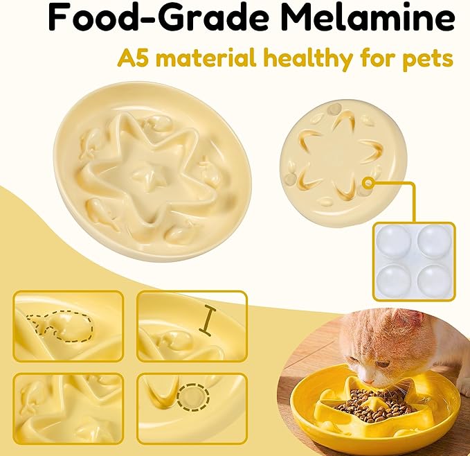 3 Pcs Cat Slow Feeder Bowl – Whisker Friendly Melamine Puzzle Feeding Cat Bowl for Slow Eating – Wet & Dry Food – Dishwasher Safe, Lightweight, Non-Slip (Buttercream + Coral Pink + Shell White, 6.3'')