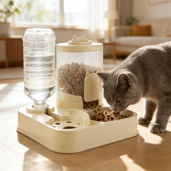 2 in 1 Automatic Pet Feeder Water Dispenser, Adjustable Elevated Raised Stand Feeder, Automatic Cat Feeder with Non Slip Base for Small Medium Dog Puppy Cat, Easy to Clean (Color A)