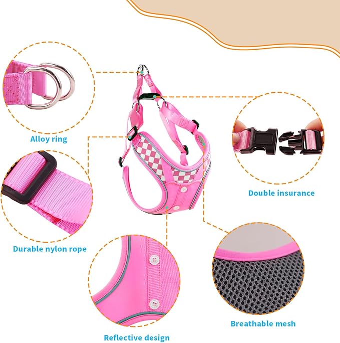 Dog Frenchie Harness with Leash Set, No Pull Adjustable Step in with Breathable Padded Vest Harness for Small Medium Large Dogs Training and Running (S Pink)