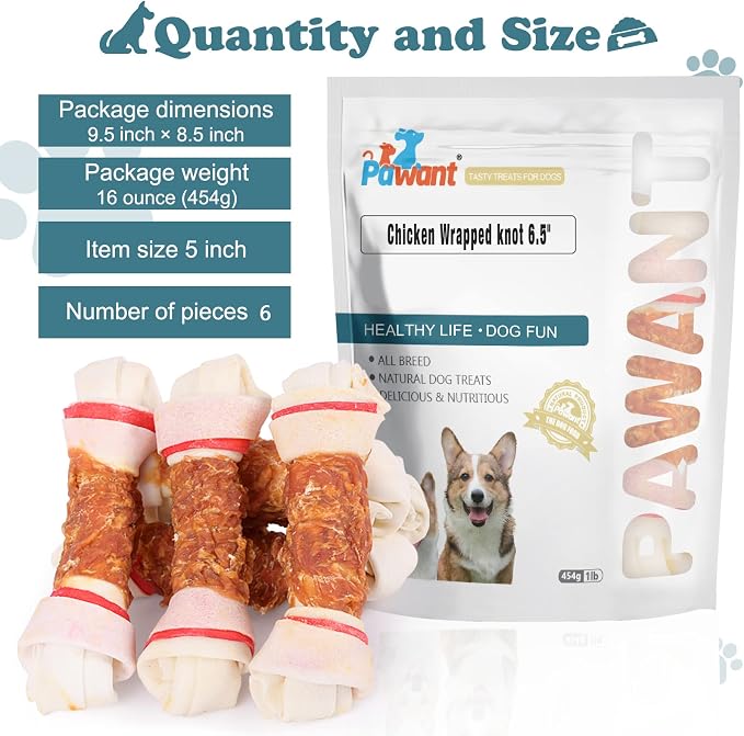 Chicken Wrapped Rawhide Bones, 6.5 Inch Large Knots for Medium and Large Dogs, High Protein 65% Long Lasting Dog Chews, 16 Ounces