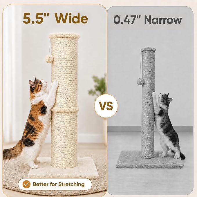 PAWSCRAT Cat Scratching Post 32 Inch High, 5.5 Inch Large Diameter Natural Sisal Cat Scratch Post, Scratch-Resistant and Durable Tall Cat Scratcher for Indoor Cats, Protect Your Furniture, Beige