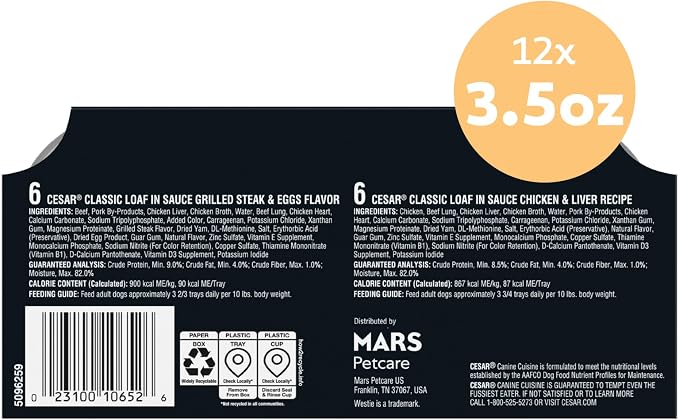 Cesar Classic Loaf in Sauce Adult Wet Dog Food, Breakfast and Dinner with Grilled Steak & Eggs Flavor, and Chicken & Liver Flavor, 3.5 oz. Easy Peel Trays, Variety Pack (12 Count, Pack of 1)