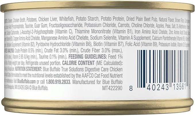 Blue Buffalo True Solutions Wet Food for Cats, Digestive Care Formula with Clinically Proven Ingredients, Chicken Recipe, 3oz Cans, 4Pack Trial Size