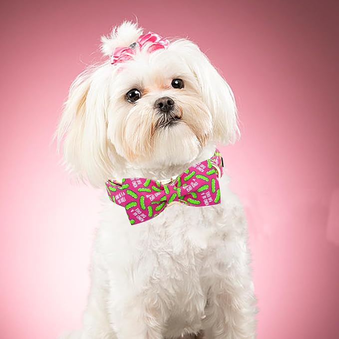 Elegant little tail Dog Collar, Dill Pickles Print Pet Collars with Bow Soft Cutton Boy Puppy Gift Adjustable Pink Bowtie Dog Collar for Small Puppy