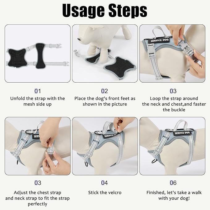 Service Dog Harness, Reflective Dog Vest Harness with 5 PCS Patches, Adjustable Soft Oxford Pet Harness, Inner Layer Mesh, Easy to Control for Small Medium Large Dogs