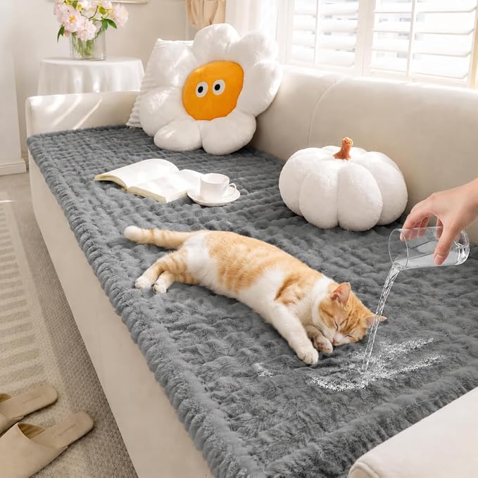FUNNY FUZZY Pet Couch Cover for Sofa, Thick Waterproof Couch Cover for Dogs Washable, Pet Friendly Fuzzy Sofa Covers Soft Dog Bed Mat Non Slip for Couches and Sofas, Grey, 27.6"×70.9"