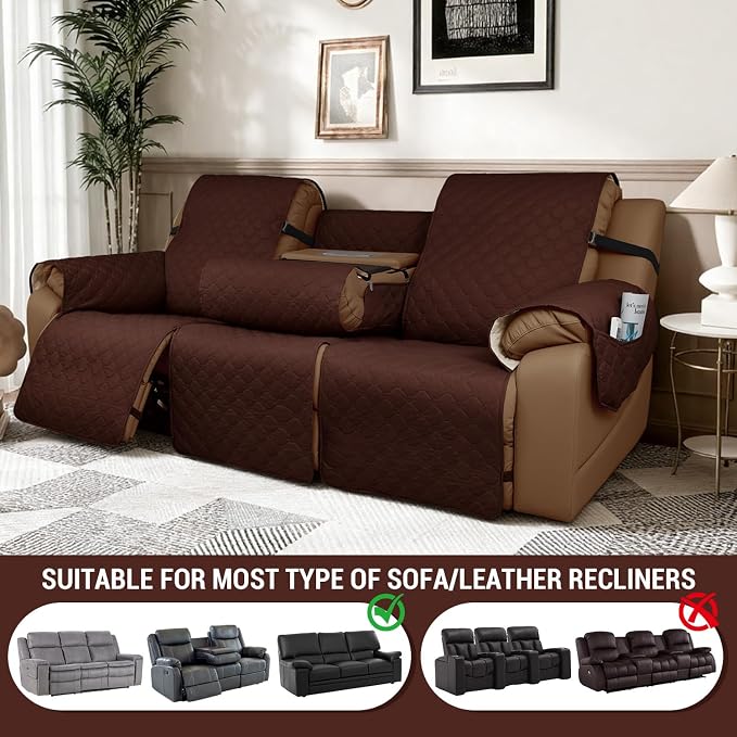 Waterproof Recliner Sofa Covers with Flipped Middle Backrest Washable Recliner Couch Covers Non-Slip with Elastic Straps Furniture Protector for Kid Dogs Pets (Coffee)