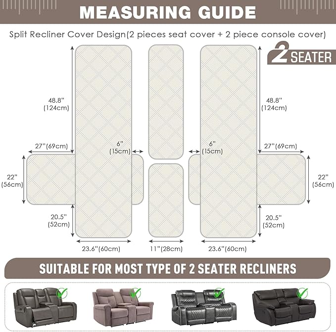 TAOCOCO Loveseat Recliner Cover with Center Console, 100% Waterproof Pet Covers for Dual Recliner with Straps Design, Split Reclining Loveseat Cover Furniture Pet&Kid Protector (2 Seater, Light Brown)