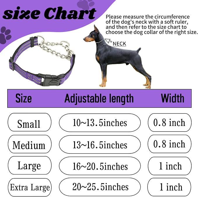 Martingale Dog Collars, Reflective Nylon Collar with Stainless Steel Chain, Adjustable Walking Training Dog Collars with Quick Release Buckle, Suitable for Small Medium Large Dogs(Purple,L)