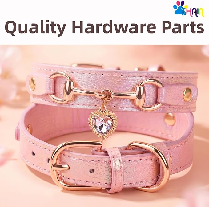 THAIN Fashion Rhinestones Dog Collar with Bling Diamonds & Heart Charm – 5 Holes Adjustable PU Leather Necklace Collar, Gold Buckle for Small Medium Dogs Girl (Pink, S)