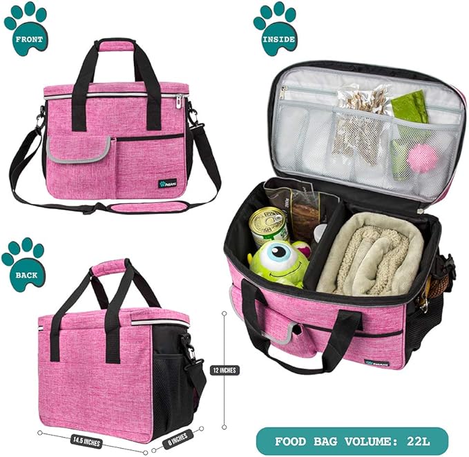 PetAmi Dog Travel Bag Organizer, Pet Travel Kit with 2 Food Containers & 2 Collapsible Dog Bowls, Pet Supplies Tote with Luggage Sleeve, Weekend Road Trip Camping Essentials, Pink, Medium