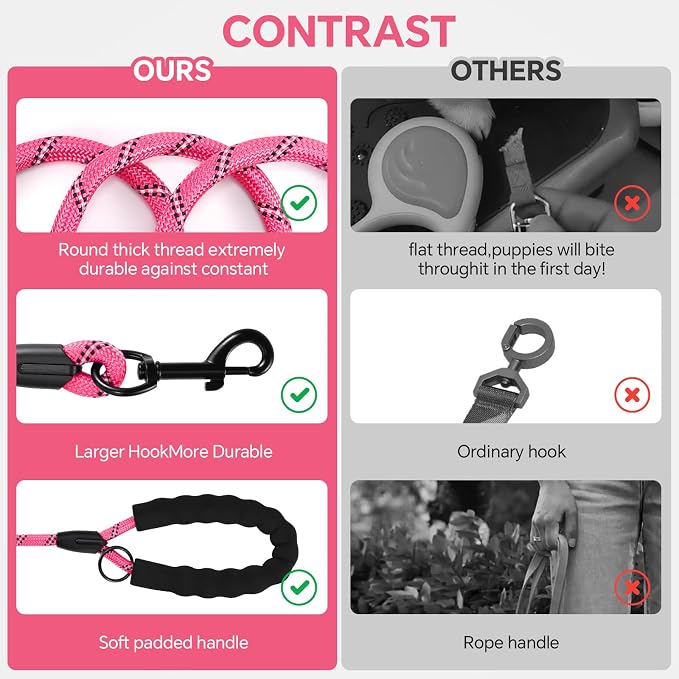 Heavy Duty Dog Leash - 4.9 FT for Large and Small Dogs - Strong Nylon, Comfortable Handle, Reflective Stitching - Ideal for Walking, Training, and Outdoor Activities, Pink