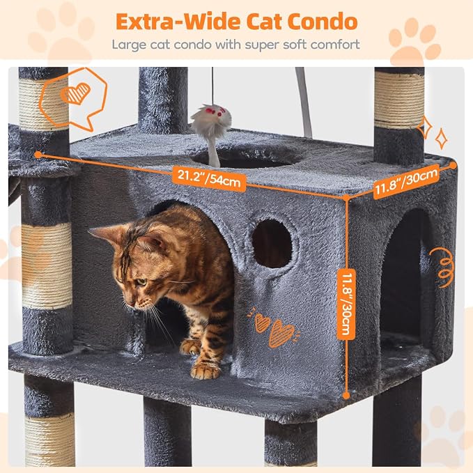 Taoqimiao Large Cat Tree，73-Inch Cat Tree Tower with 9 Scratching Posts for Indoor Cats, 2 Large Cat Condo with Hammock, Hanging Basket, 2 Extended Platform, Smoky Gray MS013XLG