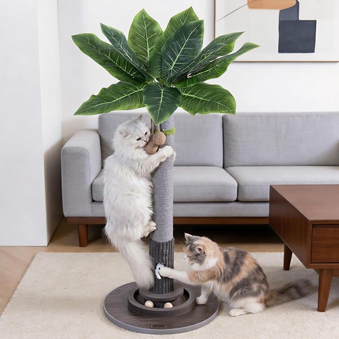Woochpet 35" Tall, Sisal Cat Scratcher with Mouse Toy and Track Balls, Palm Tree Design Scratch Pole for Kittens Grey Base