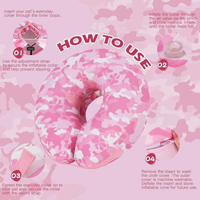 IEUUMLER Inflatable Recovery Dog Cone Collar, Neck Donut Protective ECollar, Adjustable Soft Collar for Dog and Cat After Surgery Prevent from Biting & Licking EU020 Pink Camo L+