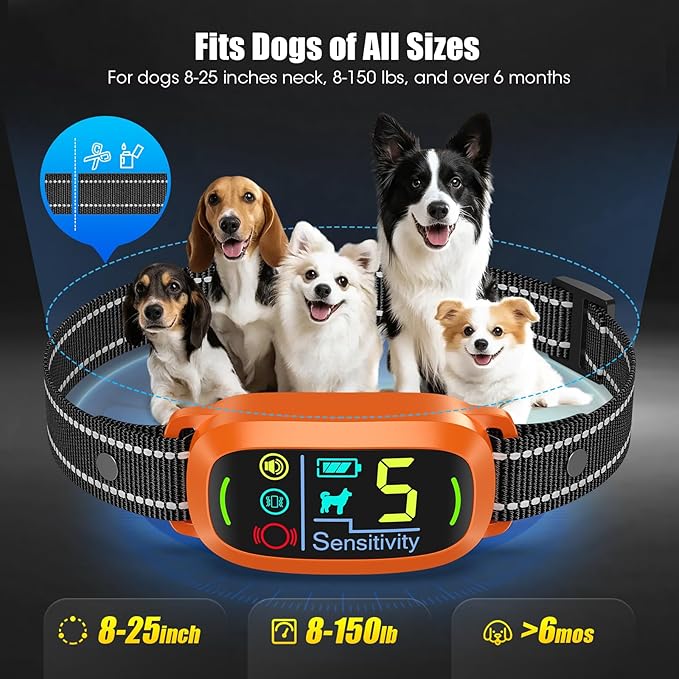 Smart AI Bark Collar for Large Medium Small Dogs, Anti Barking Device with 5 Training Modes, Exclusive Forced Bark-Stopping, Rechargeable IP67 Waterproof Bark Collar with 5 Sensitivity (Orange)