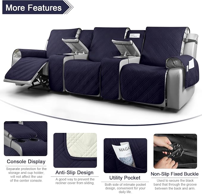 TAOCOCO 100% Waterproof Recliner Sofa Covers with Console, Couch Covers for Reclining Couches 3 Seat with Straps, Split Recliner Sofa Cover Furniture Pets Kids Protector (3 Seater, Navy Blue)