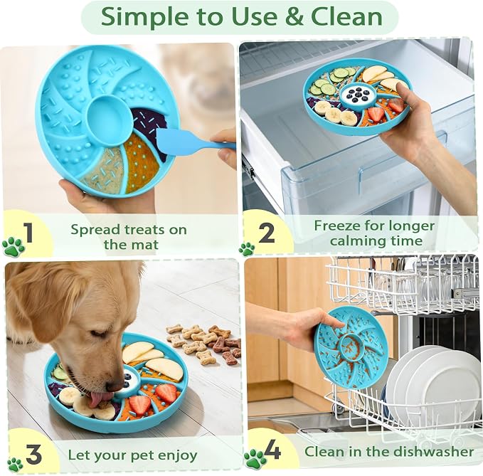Silicone Dog & Cat Slow Feeder Bowl Lick Mat with Strong Suction Cups, Anti-Spill Design, Multi-Textured, Extend Mealtime, Reduce Anxiety, Dishwasher Safe, All Breeds & Ages (Blue)