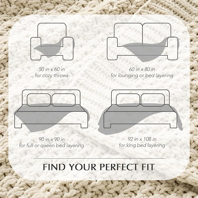 EVERGRACEHOME Chunky Chenille Knit Throw Blanket for Couch, Soft Luxurious Moss Stitch Blankets for Bed, Cozy Decorative Farmhouse Knitted Throws for Sofa, Beige, 60" x 80"