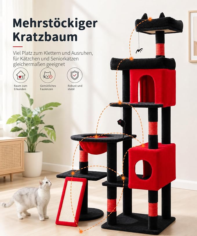 68 Inches Heavy Duty Cat Tree for Indoor Cat, Big Cat Tower with Sisal Scratching Posts and Top Perch, Large Platform for Adult Cats, PMT02RD, Black Red