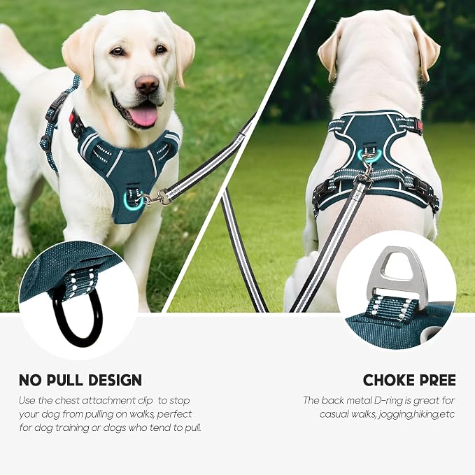 Timos Dog Harness Medium Sized, No Pull Pet Harness with Neck Lockable Snap, No Choke Front Clip Reflective Vest, Adjustable Metal Rings 3 Buckles, Easy Control Handle for Medium Dogs Blackish Green M