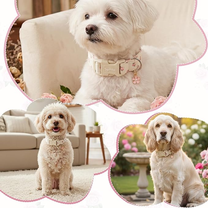 Floral Dog Collar, Spring Summer Pink Flower Pet Collar, Cute Cotton Puppy Collar with Adjustable Buckle, Girl Female Dog Collars for Small Medium Large Dogs-M