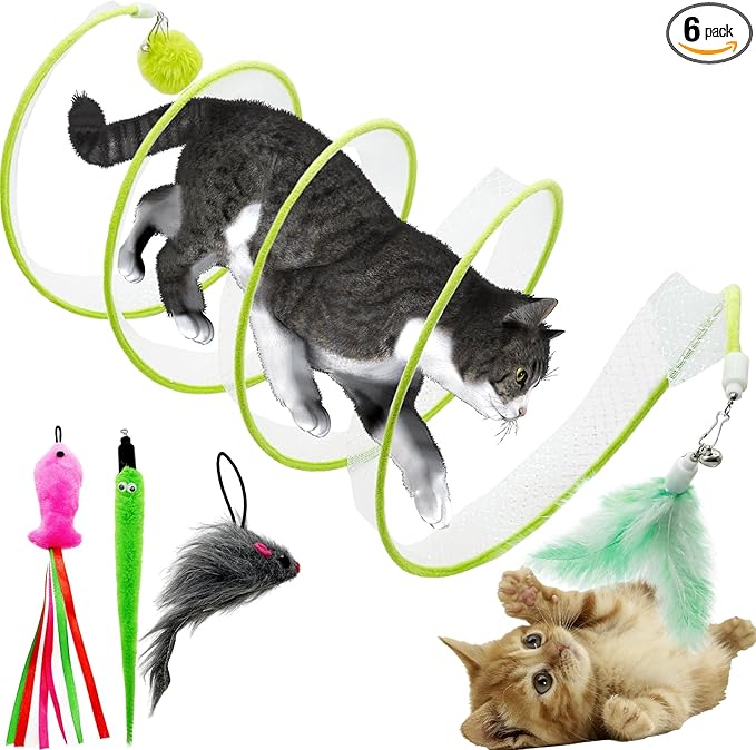 Self Play Cat Hunting Spiral Tunnel Toy, Folded Cat Spring Tunnel Toys for Indoor Cats (Green)