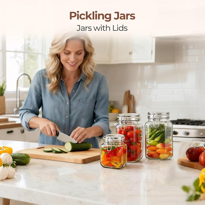 ComSaf Set of 3 Square Glass Jars with Airtight Lids (51 Oz) — Wire Clamp Canisters for Small-Batch Pickling, Kimchi, Bulk Dry Food, Wide Mouth Space Saving Kitchen Pantry Organization Jars
