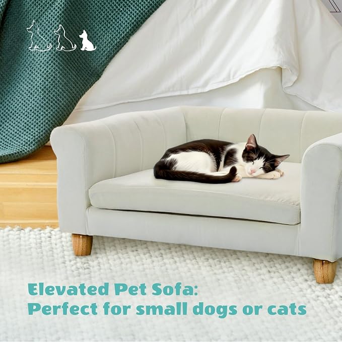 CRITTER SITTERS 33” Faux Suede Ped Bed in Cream, Durable Washable Sofa Couch for Small & Medium Cats & Dogs, Must Have Accessory for Yorkies, Shih Tzus & Frenchies, Kitten & Puppy Essential Furniture