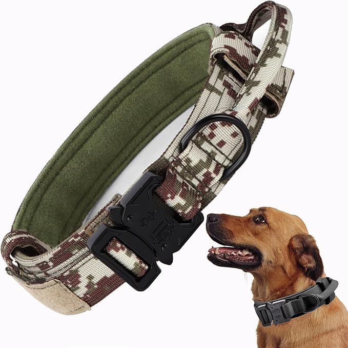 Tactical Dog Collar, Adjustable Military Training Nylon Dog Collar with Control Handle and Heavy Quick-Release Metal Buckle for Small Medium Large Dogs, Camo XXL
