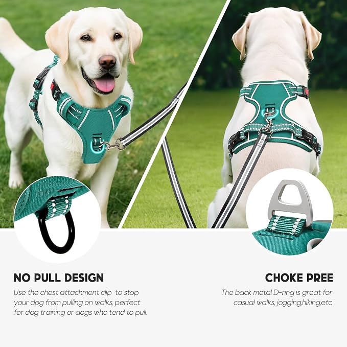 Timos Dog Harness Medium Sized, No Pull Pet Harness with Neck Lockable Snap, No Choke Front Clip Reflective Vest, Adjustable Metal Rings 3 Buckles, Easy Control Handle for Medium Dogs Grass Green M