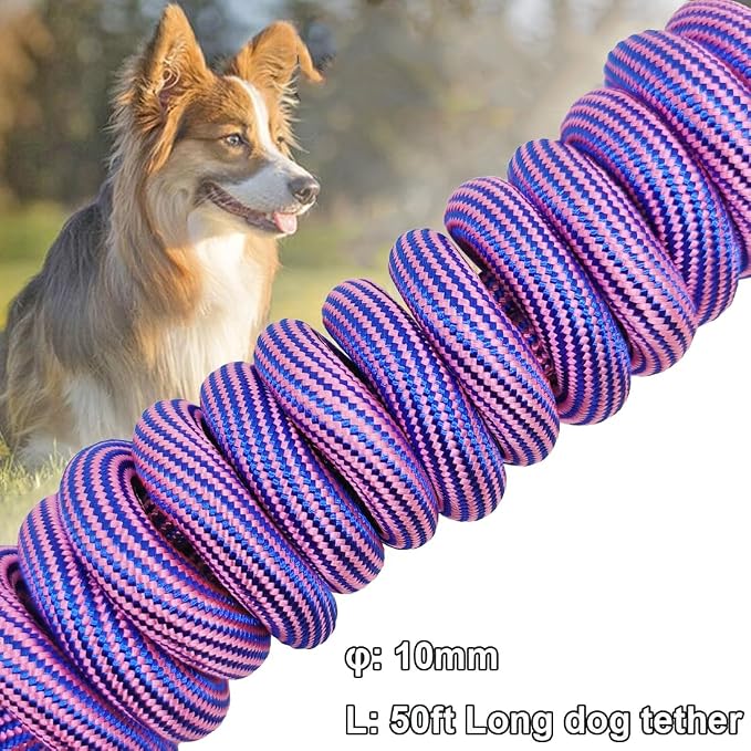 BTINESFUL 8ft 12ft 20ft 30ft 50ft 75ft Dog Tie Out Rope Leash, Long Tether Outdoor Yard Leash- Large Medium Dogs Training, Playing, Camping, Backyard Dog Lead (Pink Blue, 50 Foot)