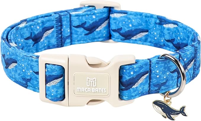 Maca Bates Summer Beach Dog Collar with Whale Charm for Small Girl Boy Dogs,Blue Ocean Whale Pattern,Adjustable Durable Soft Comfortable Nautical Dog Collar for Male Female Puppy