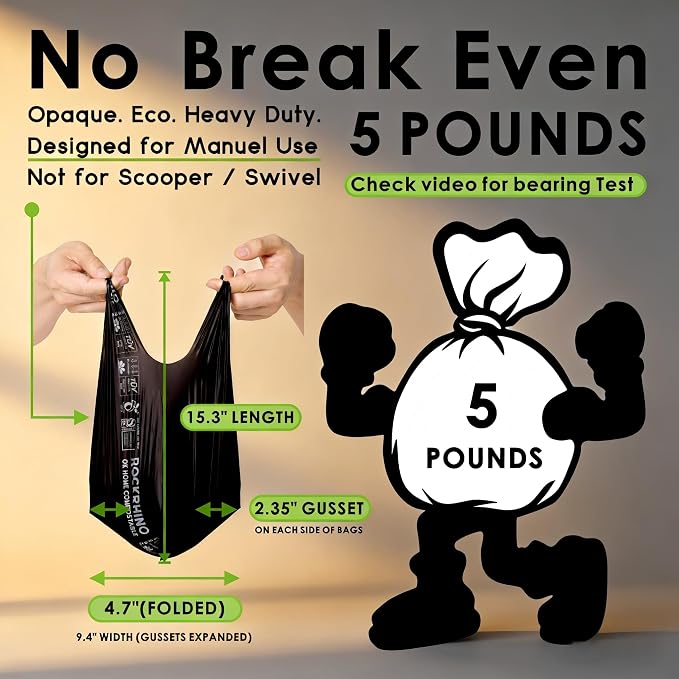 Ultra Thick RockRhino Dog Poop Bags - Claw Machine Style Pickup with Multi-Layer Bottom, ECO Heavy Duty, 0% Plastic, 100% Home Compostable, Mint-Scented, Easy Open Tie Handles, Glove Fit - 120 Bags