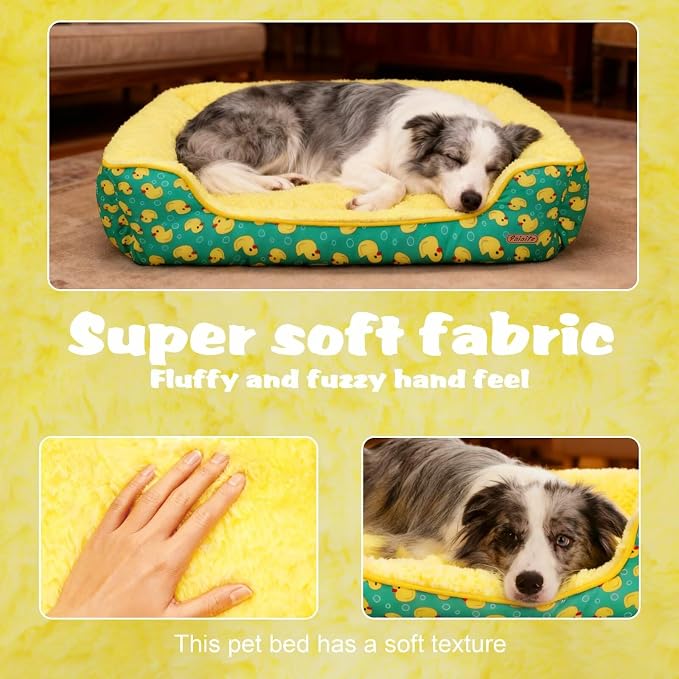 Rectangle Washable Dog Bed for Large, Medium & Small Dogs – Soft Calming Puppy Beds, Durable Warm Pet Sofa with Non-Slip Bottom for Indoor Use.Yellow S Size (18.9"x18.9"x6.3")