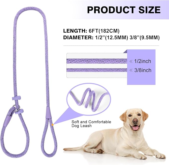 Lynxking Dog Leash Slip Lead Reflective Breathable Rope Comfortable Strong No Pull Slip On Pet Training Lead for Dogs (Light Purple, Large 1/2 inch x 6ft)