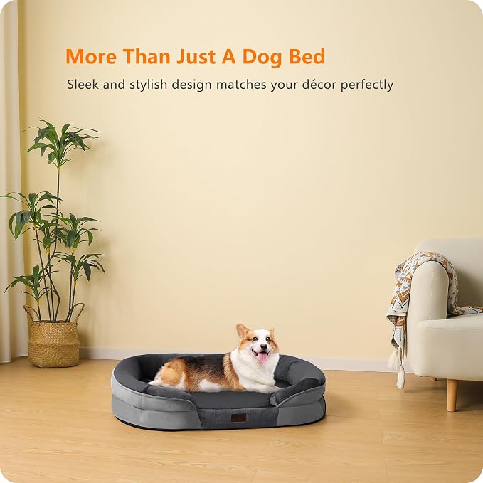 Dwanton Orthopedic Dog Bed for Medium Dogs with Gel Memory Foam, Waterproof Dog Sofa, Washable Pet Bed with Four Sided Bolster Cushion, Removable Cover & Non-Slip Bottom, 36", Dark Grey