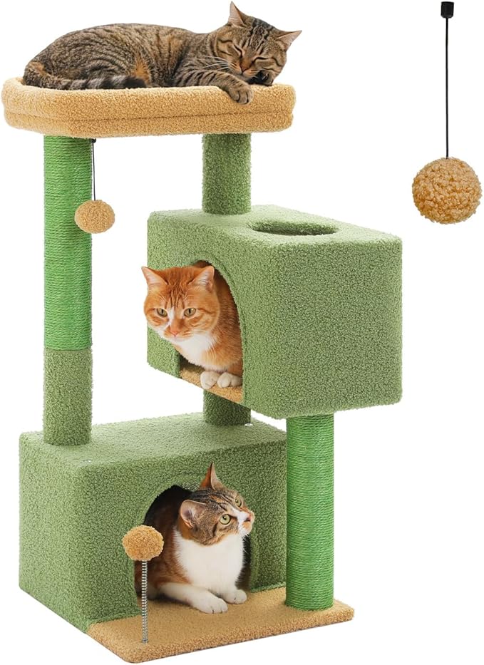 32" Cactus Cat Tree Tower for Indoor Cats - 2 Cozy Condos, Multi-Level Cat Scratching Posts with Sisal, Soft Padded Perch, 2 Dangling Toys, Green