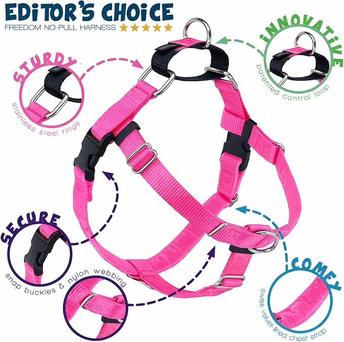 2 Hounds Design Freedom No Pull Dog Harness, Adjustable Harness, Easy Walking & Comfortable Control, Fits Small, Medium & Large Dogs, Solid Colors, Made in USA, 5/8" XS, Hot Pink