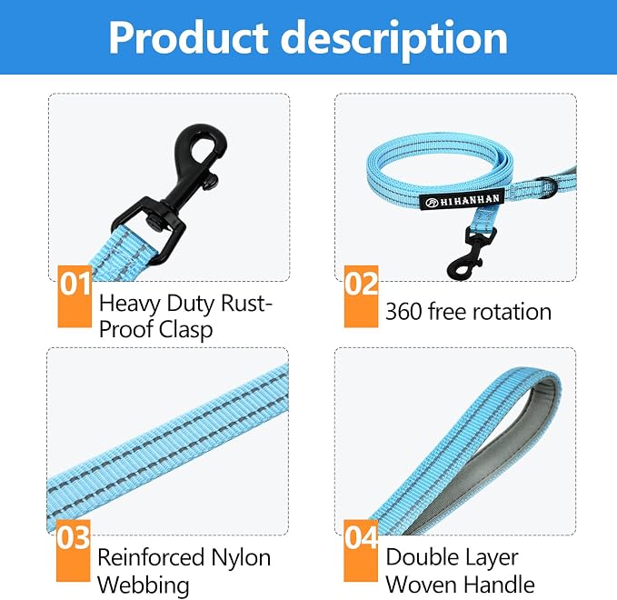 Reflective 6 FT Dog Leash, Premium Traditional Style Puppy Leash with Easy to Use Collar Hook for Small, Medium, and Large Breed Puppies (Blue, 3/4 in x 6 ft)
