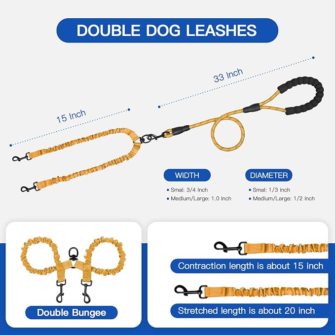 MingXpets Double Dog Leash, Dual Dog Leash, 360° Swivel Tangle Free Bungee Walking Training for Large Medium Dogs, Shock Absorbing Bungee Reflective for Two Dogs, 18~120 lbs, Yellow