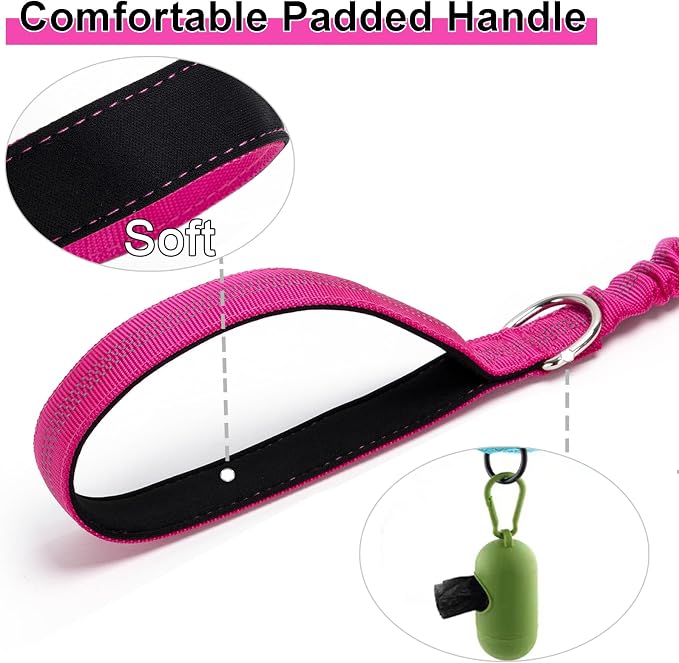 2ft Bungee Dog Leash, Reflective Strong Nylon Short Traffic Leash, Shock Absorbing for Large Medium Dogs Controlling, Walking (Rose Red, 1" Width)